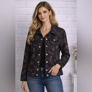 Silk Land Embroidered Floral Jacket,100% cotton Black & Pink - plus Size 1X